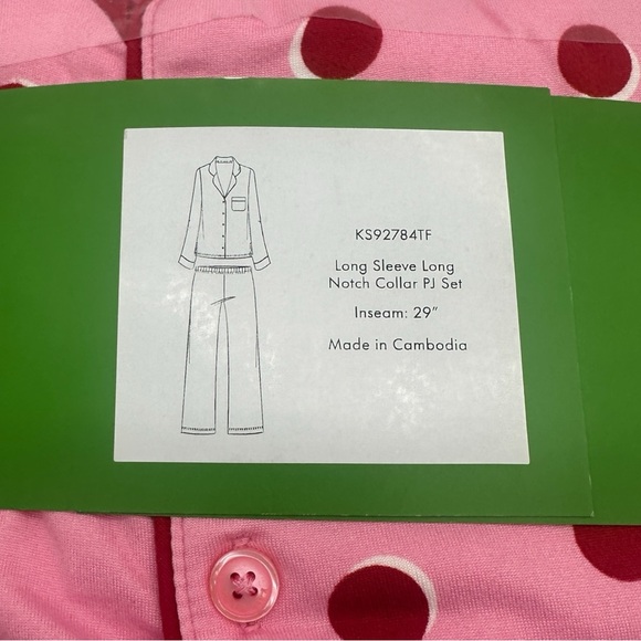 Kate Spade 2pc Long Sleeve & Pants Pajama Set in Pink with Red Polka Dots SMALL - Picture 3 of 3